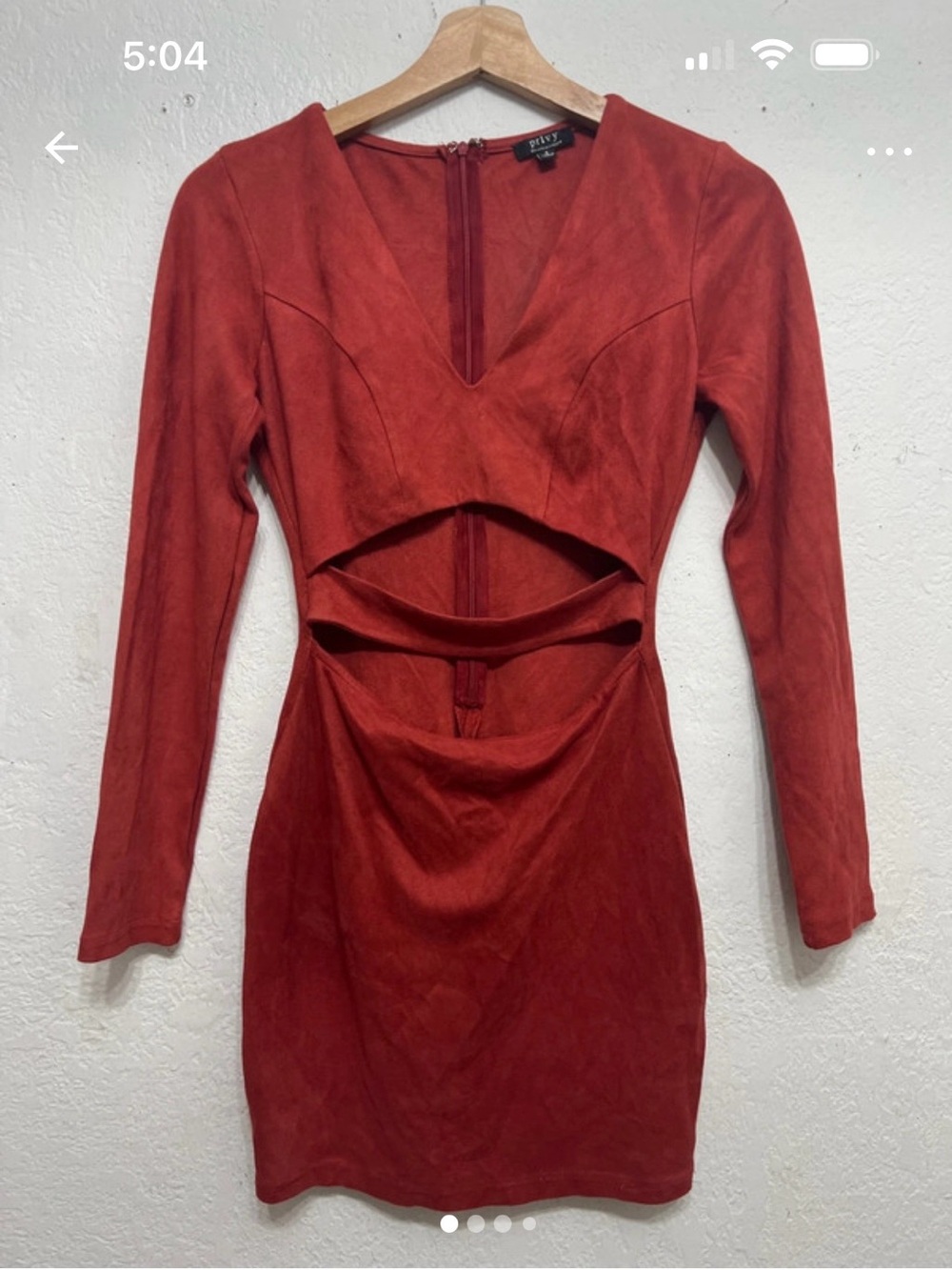 privy Red Suede-Look Cutout Long-Sleeve Mini Dress